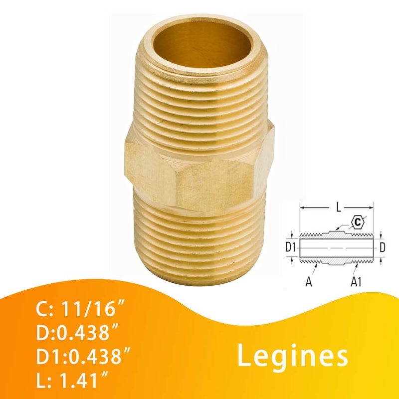 Legines Brass Hex Nipple 3/8" NPT Male x 3/8" NPT Male Straight Pipe Connector Fitting 1200psi (2 pcs) - Image 4
